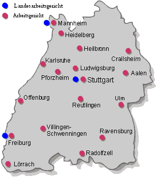 Gebietskarte des Landes Baden-Württemberg mit allen Gerichtsstandorten der Arbeitsgerichtsbarkeit